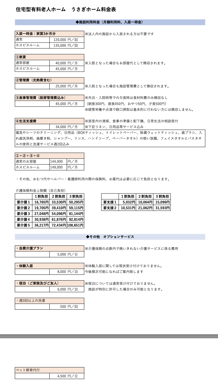 うさぎホームの料金表